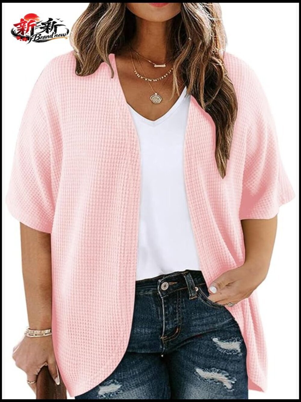 Plus Size Waffle Knit Kimono Cardigan Open Front Half Sleeve Swimsuit Cover Up